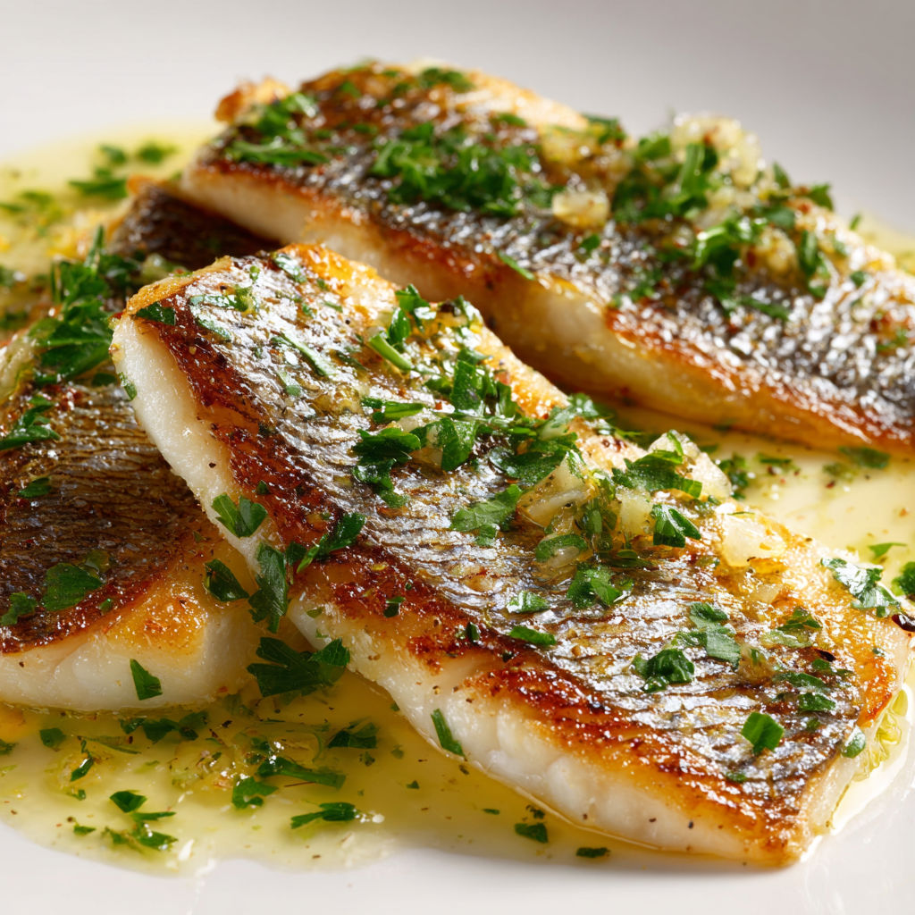Des filets de daurade nappés de beurre citron et garnis de persil, tranchés de citron vert, posés sur une assiette claire.