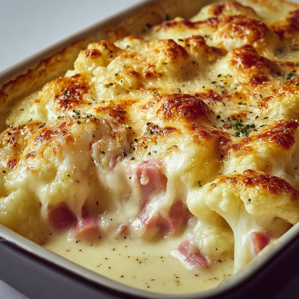 Chou-fleur fondant gratiné au jambon et à la béchamel, simple et gourmand.