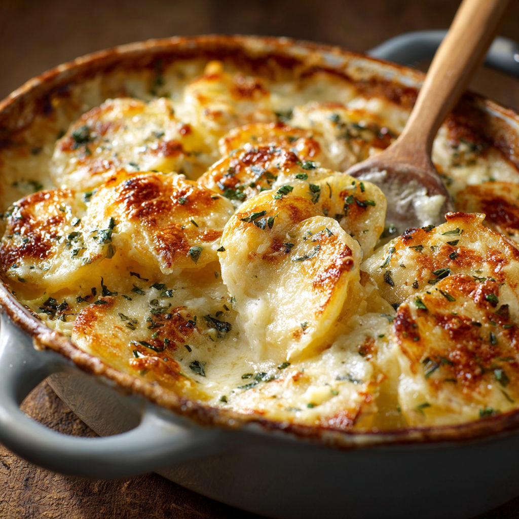 Gratin moelleux de pommes de terre et d’Emmental, nappé de crème et cuit pour une croûte au top.