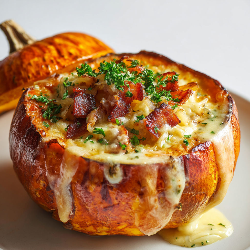 Un plat de potimarron façon tartiflette avec bacon grillé et herbes pour une assiette généreuse.