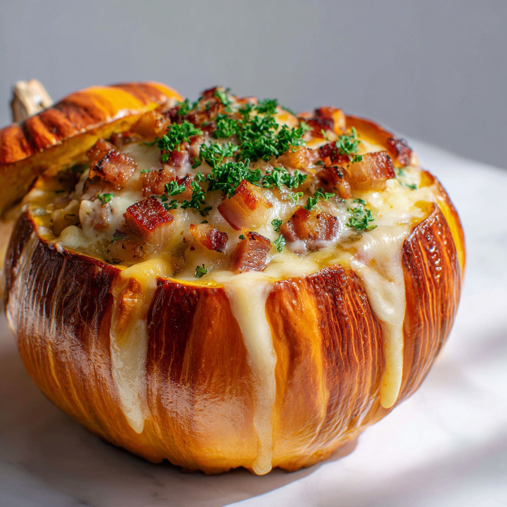 Potimarron savoyard gratiné, garni de lardons, fromage coulant et herbes fraîches.