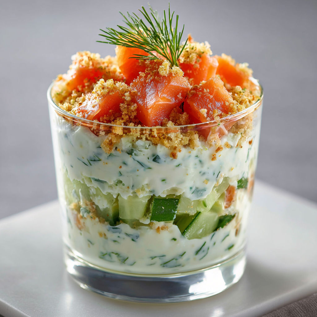 Un petit verre rempli de saumon fumé, dés de concombre frais et crème à l’aneth.