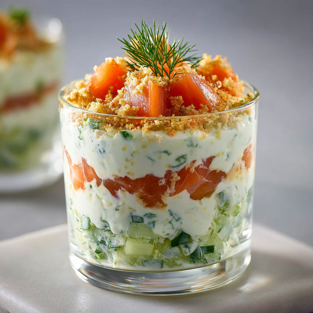 Verrines Festives Saumon Fumé, Crème Citron et Légumes Croquants.