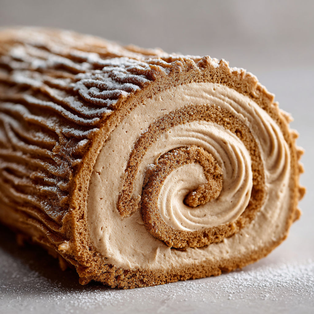 Une bûche de Noël moelleuse, nappée de crème au café ultra gourmande et joliment décorée, prête à croquer.