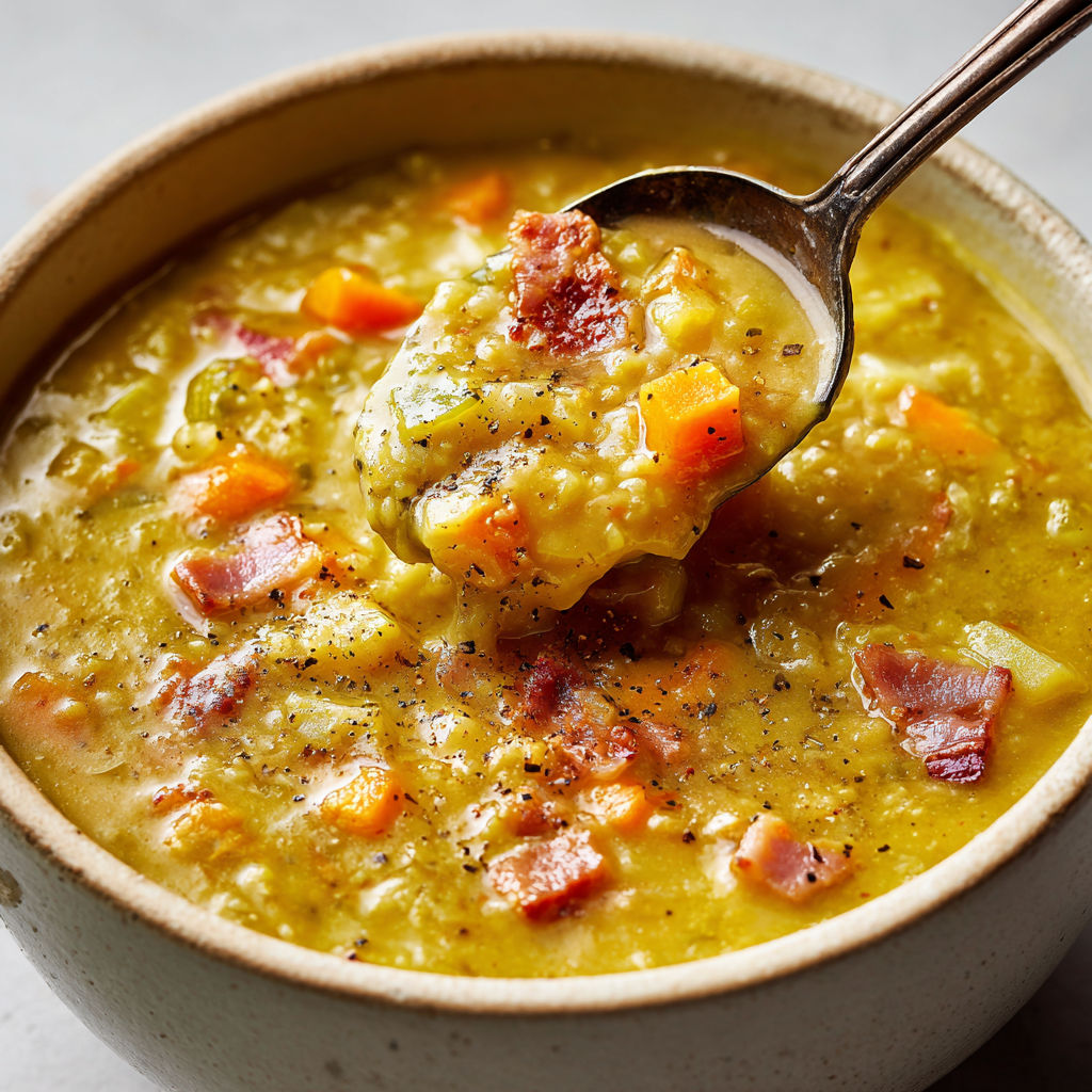 Une grande cuillère en argent attrape une portion généreuse de soupe de pois cassés bien rustique.