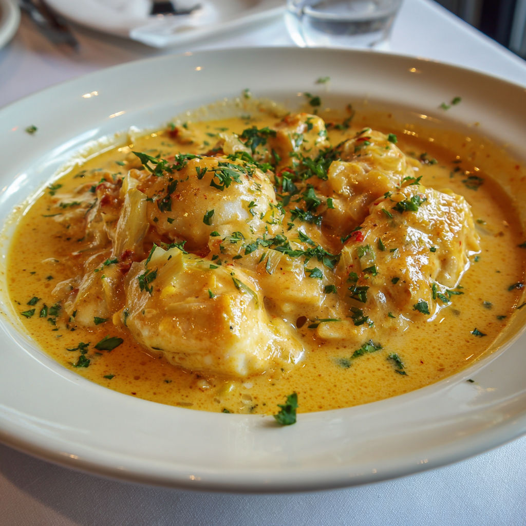Blanquette fondante de cabillaud à la bisque de homard en sauce crémeuse et iodée.