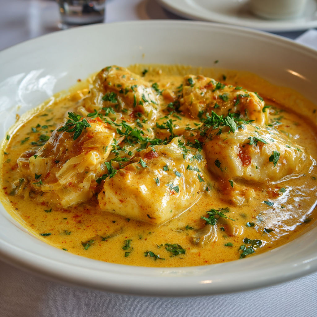 Blanquette généreuse de cabillaud à la bisque de homard.