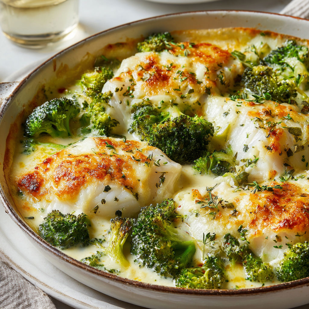 Un mélange gratiné de poisson et légumes verts tout doré.