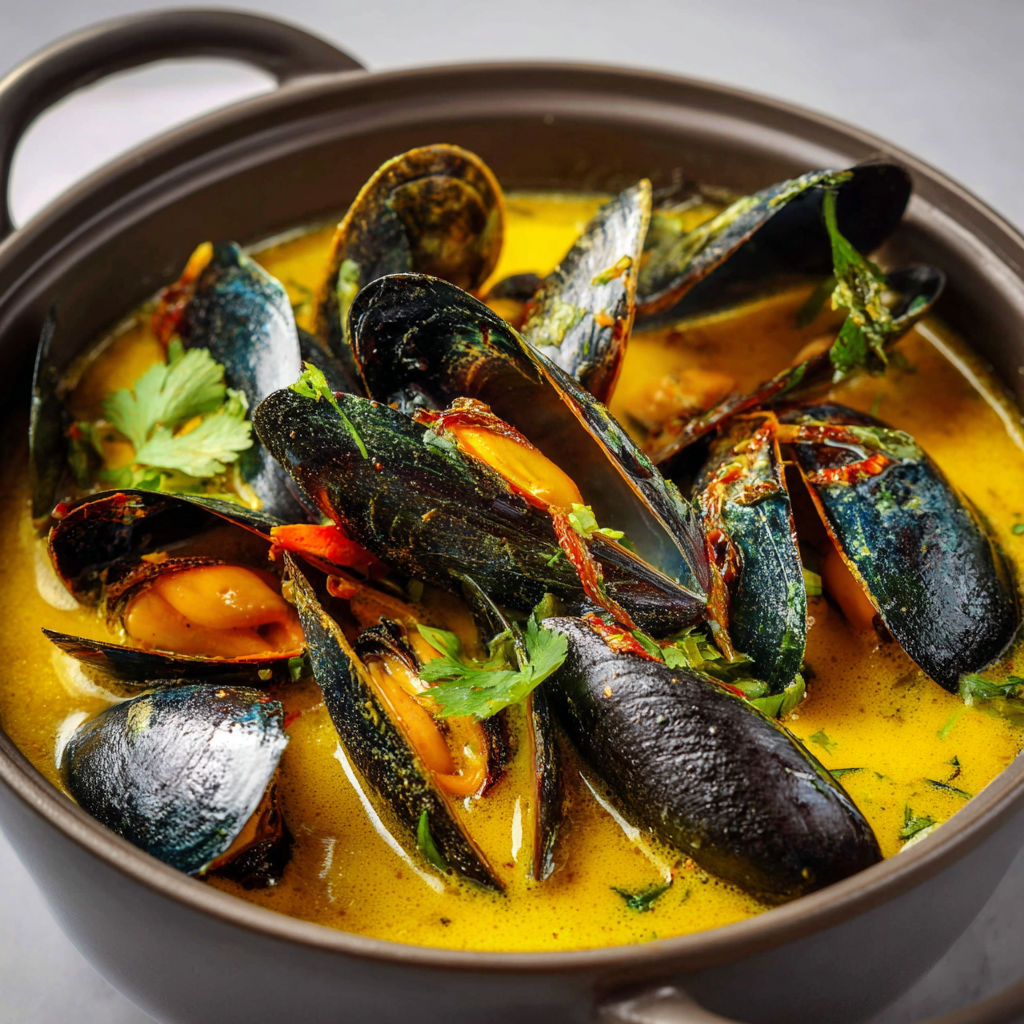 Bol de soupe chaude moules, herbes et pointe d’épices