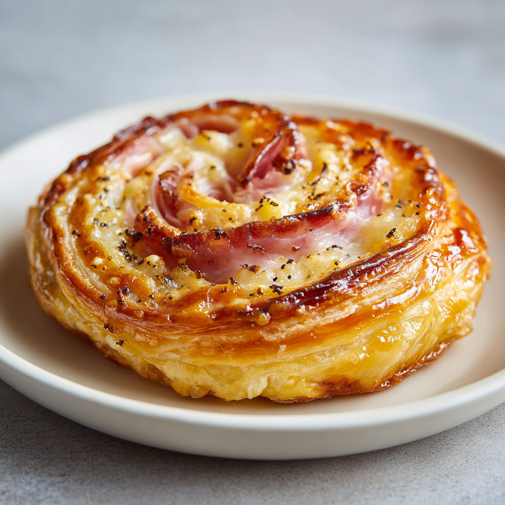 Un feuilleté tout doré aux notes fromagères et jambon, prêt à être partagé.