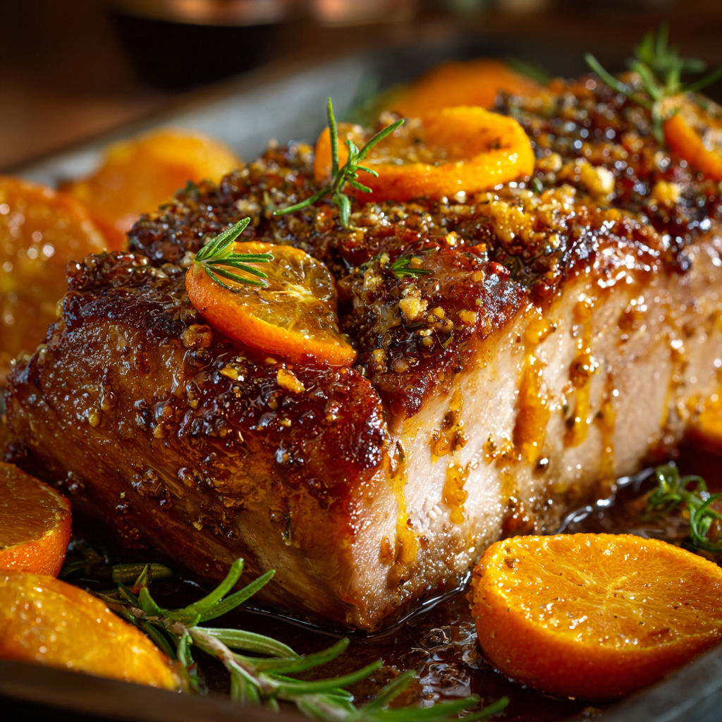 Rôti de porc laqué au miel avec clémentines colorées tout autour.