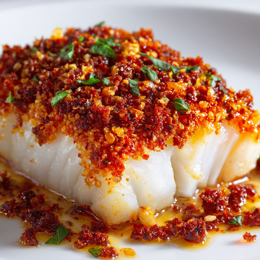 Beau Cabillaud Rôti Croûte de Chorizo et Parmesan Fondant.