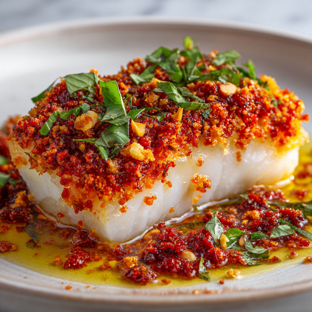 Superbe Filet de Cabillaud Chorizo Basilic et Pignons Croquants.