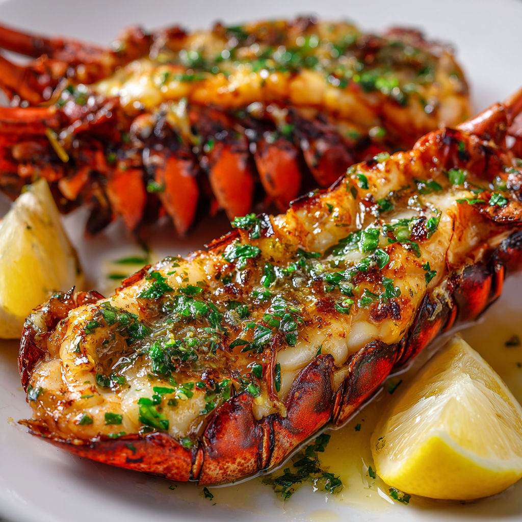 Une langoustine géante grillée entourée d’herbes fraîches et de citrons.