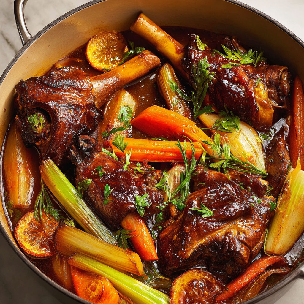 Jarrets d’agneau nappés au miel de sarrasin, brillants et fondants.