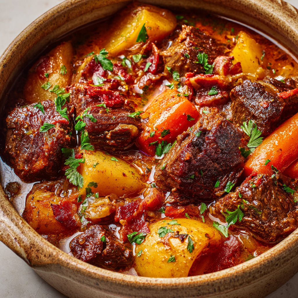 Un grand bol en terre rempli de bœuf mode, carottes et herbes.