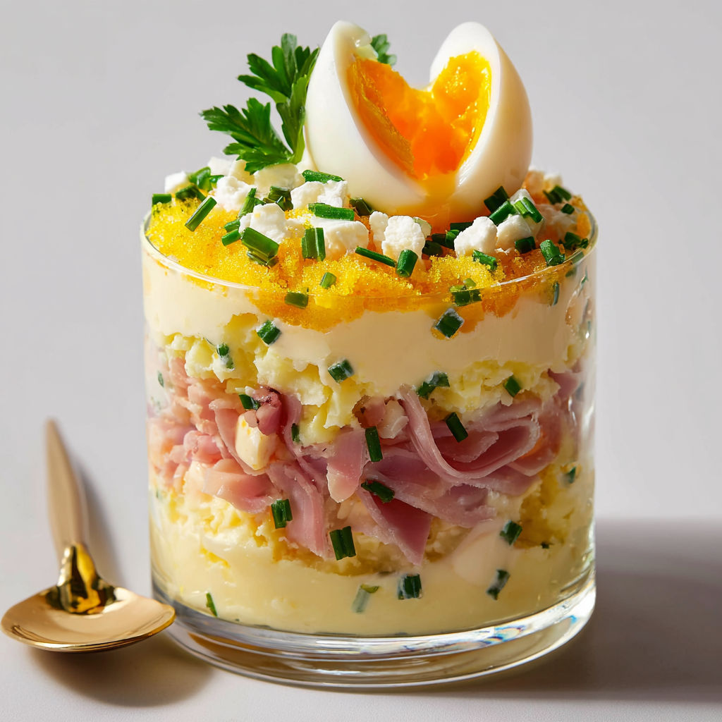 Petite verrine salée façon mimosa avec jambon, œuf et herbes fraîches, accompagnée de légumes croquants.