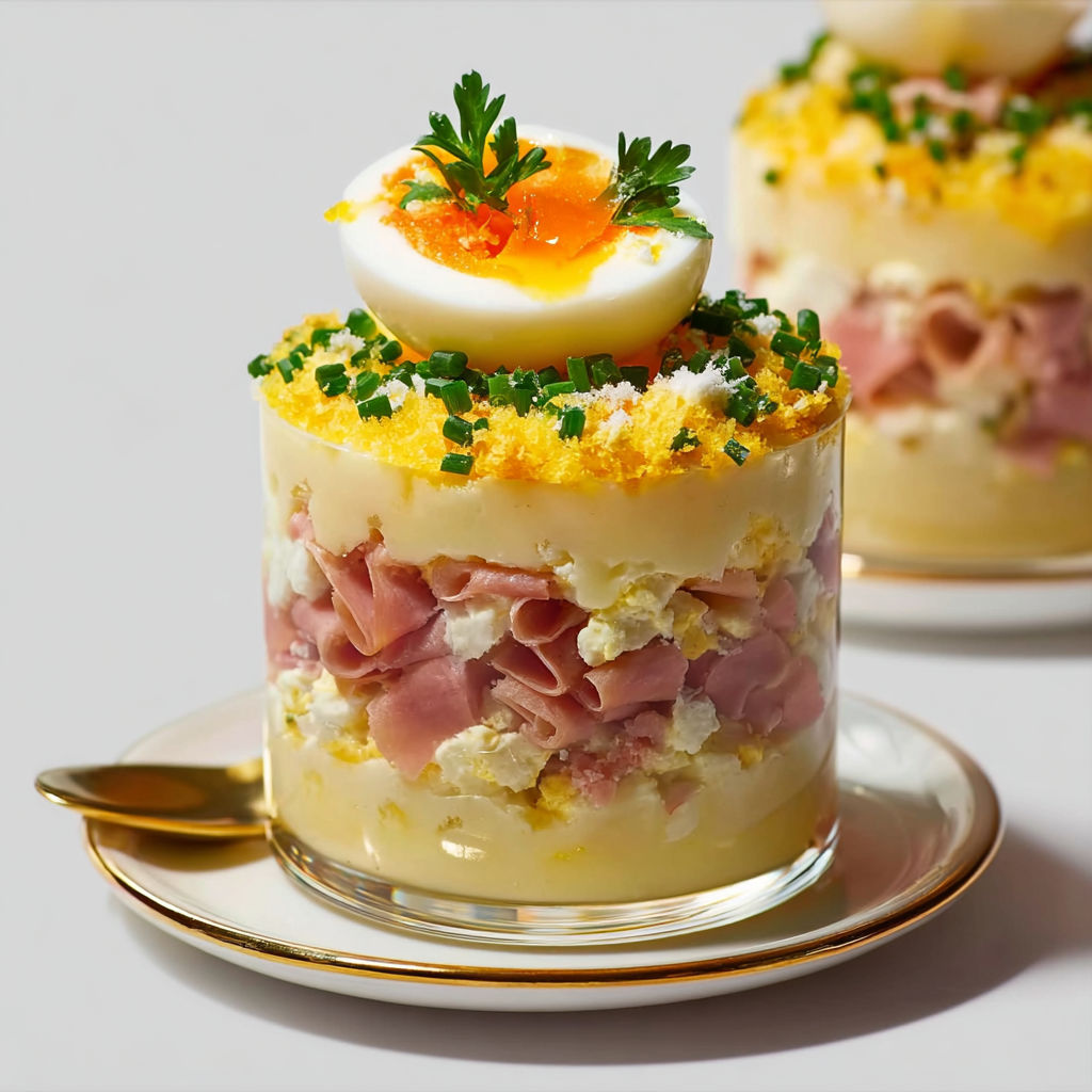 Mini-coupes salées façon mimosa avec jambon et œufs.