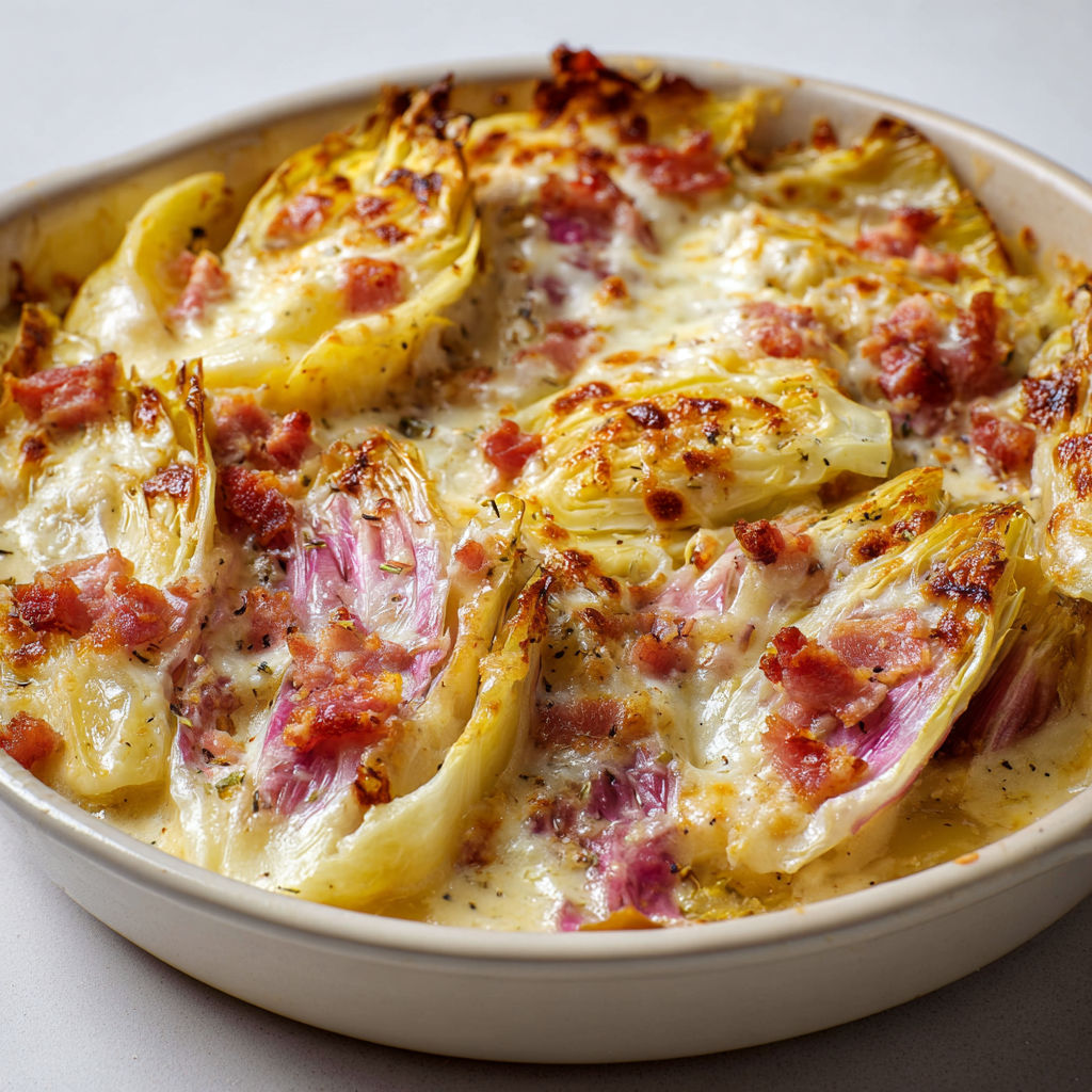 Gratin d’endives fondantes au reblochon bien doré.
