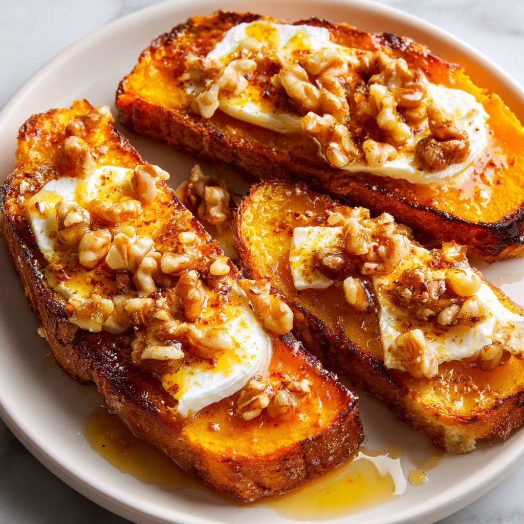 Rondelles de butternut rôties, fromage coulant et éclats de noix croquants.