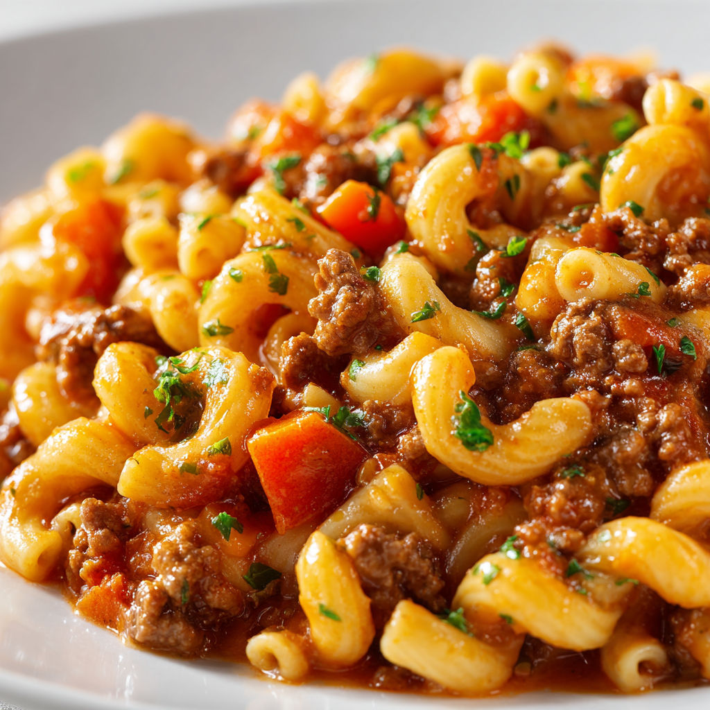 Plat de macaroni à la viande tout simple avec légumes et herbes fraîches.