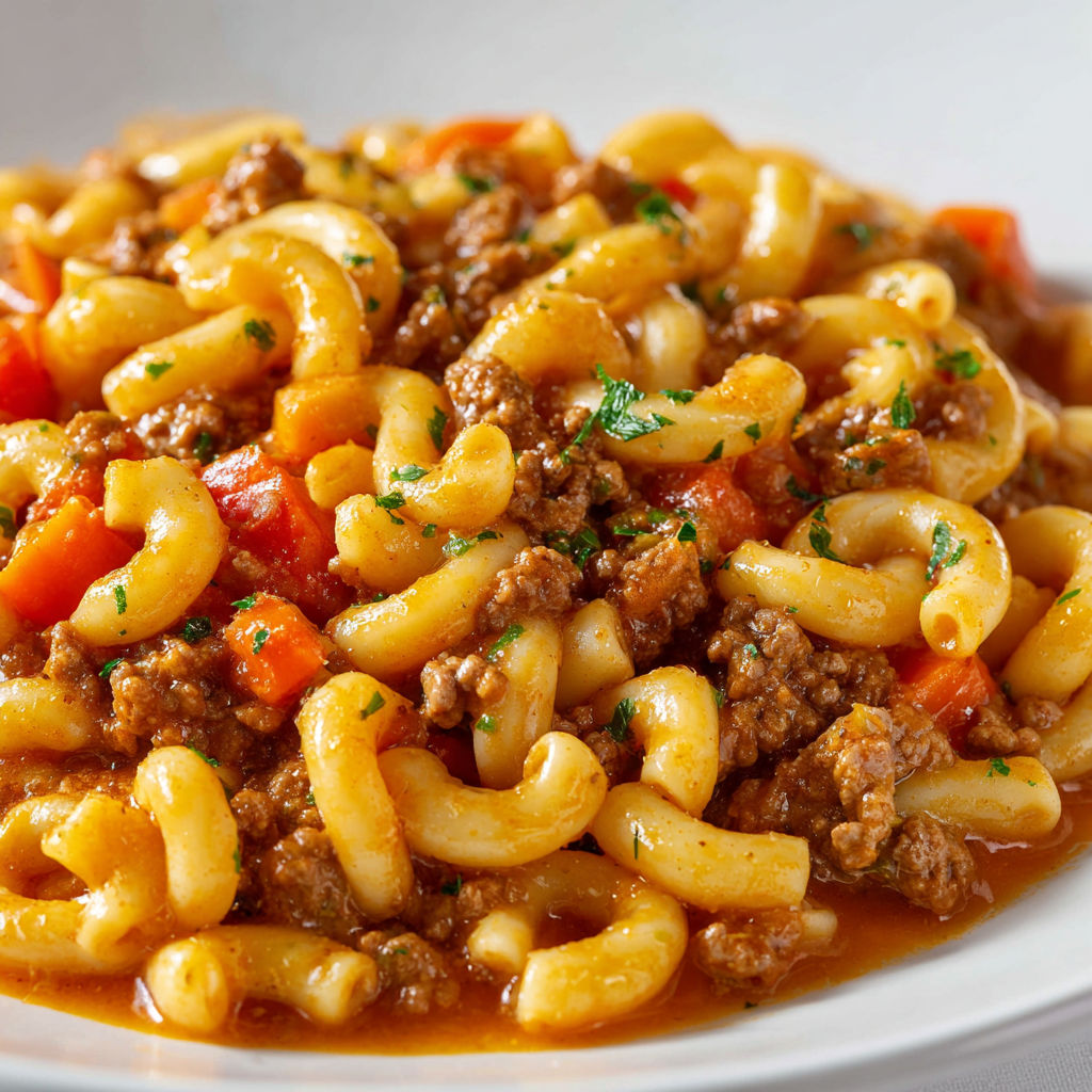 Macaroni réconfortant servi à la sauce tomate avec viande et légumes.