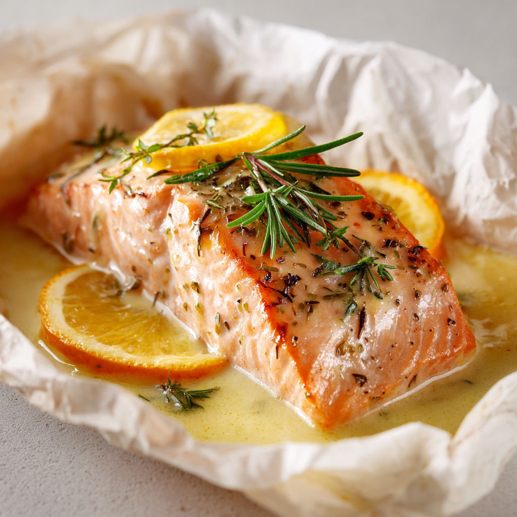 Filet de saumon tendre et parfumé aux agrumes en papillote.