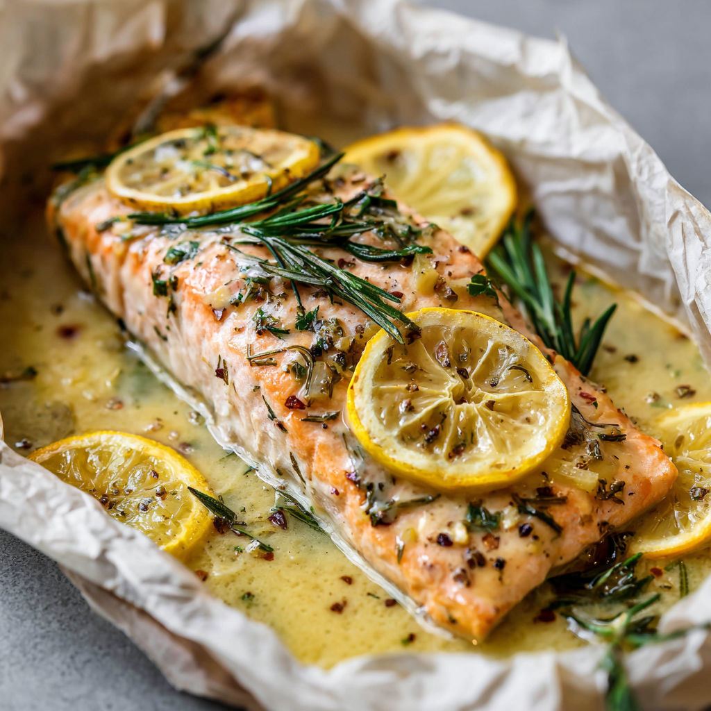 Filet de saumon moelleux en papillote aux agrumes et herbes fraîches.