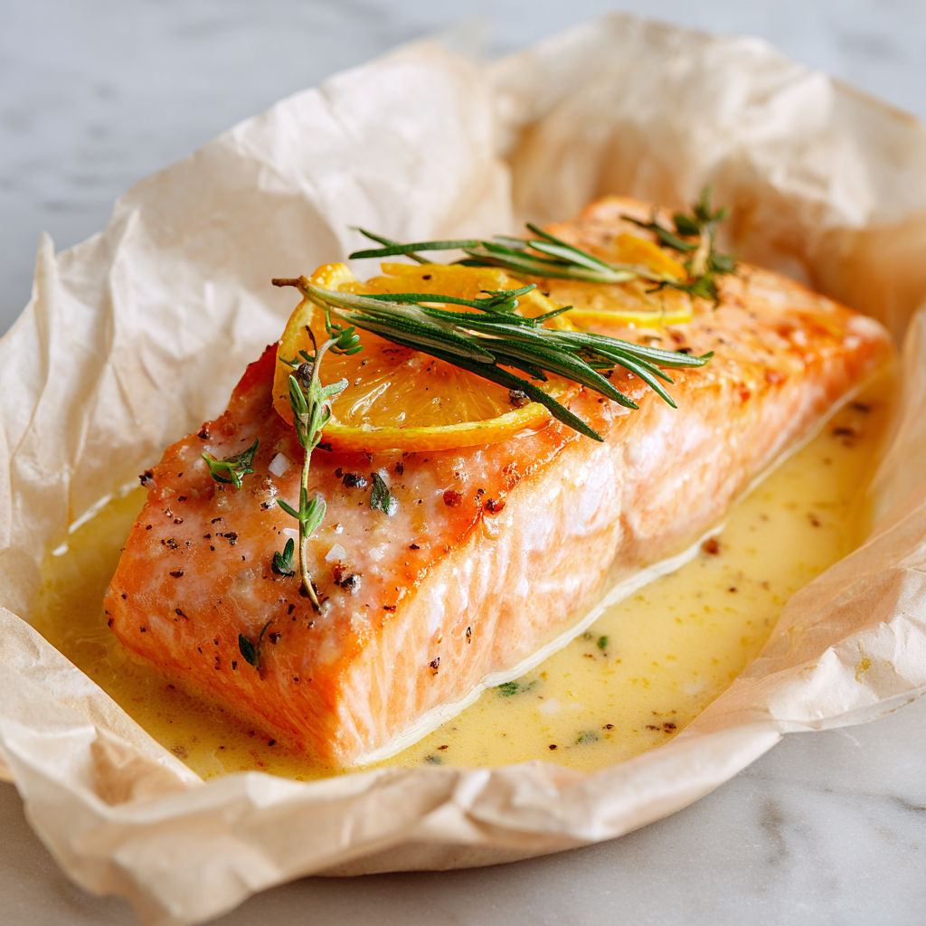 Saumon fondant en papillote avec agrumes et herbes fraîches.