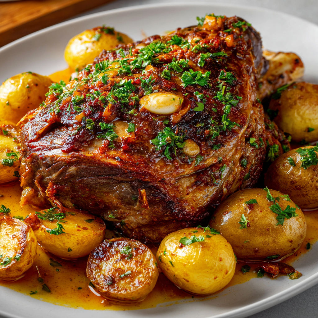 Tranche de gigot d'agneau relevée à la harissa avec pommes de terre dorées et herbes sur une belle assiette blanche.
