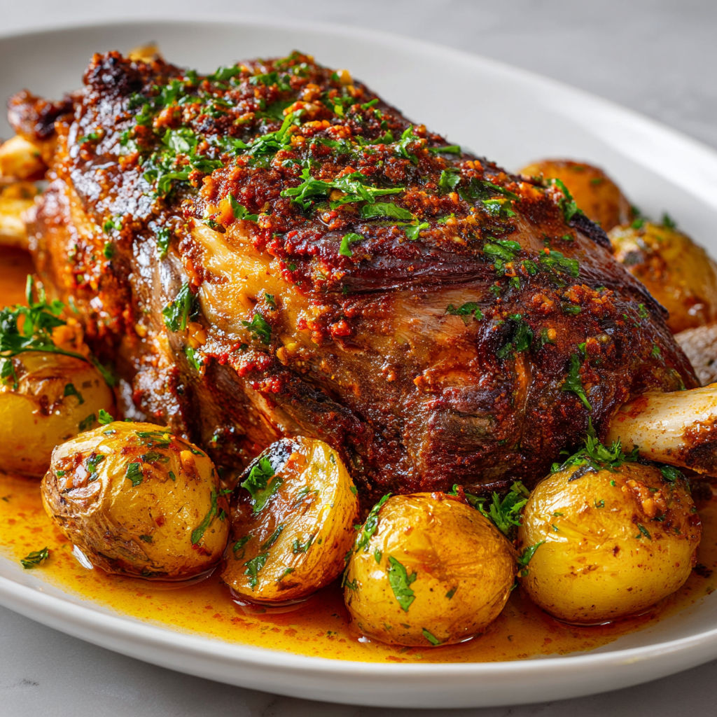 Gigot d'agneau bien mariné avec harissa et plein d’épices.