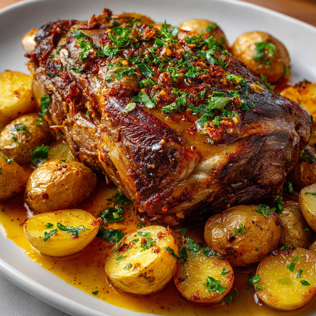 Gigot d’agneau à la harissa, hyper tendre et bien épicé.