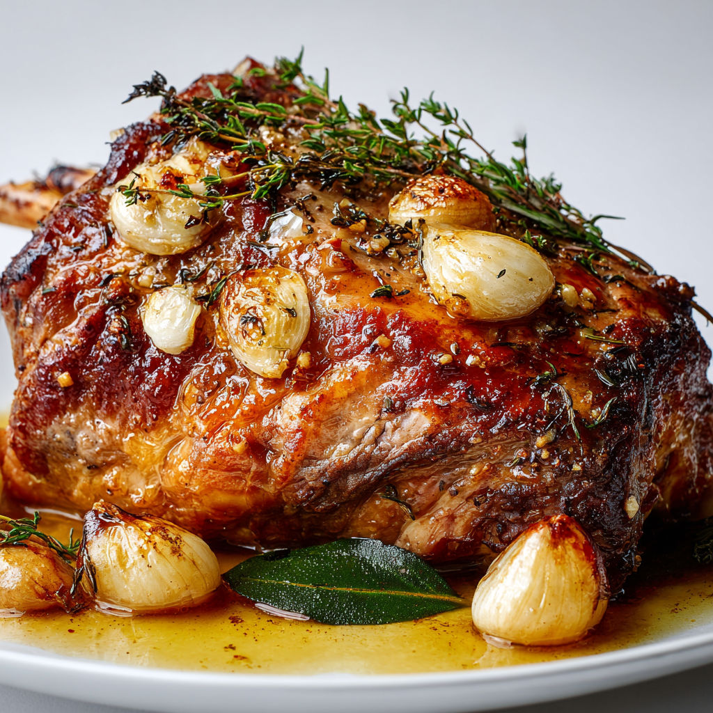 Gigot d’agneau bien doré accompagné d’ail fondant et d’herbes fraîches.