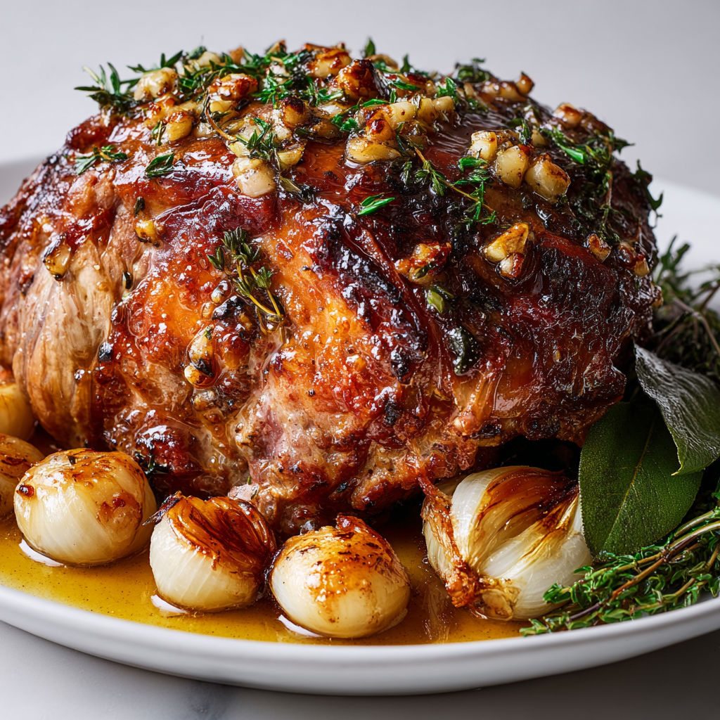 Agneau rôti moelleux parfumé à l’ail tendre et au beurre bien parfumé.