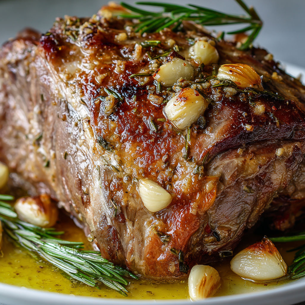 Gigot d’agneau tout doré, parfum de romarin et jus fondant.