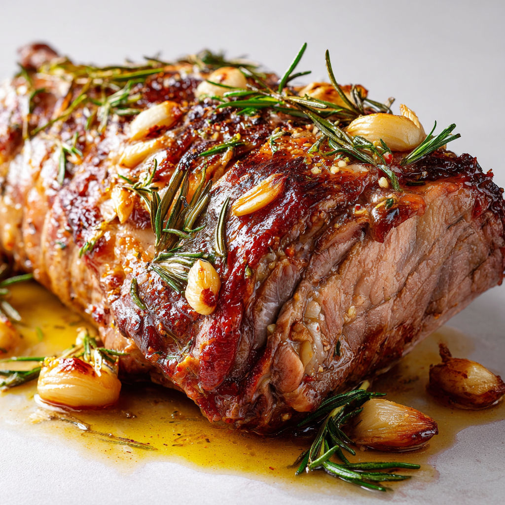 Délicieux agneau doré avec l’ail fondant et branches de romarin fraîches.