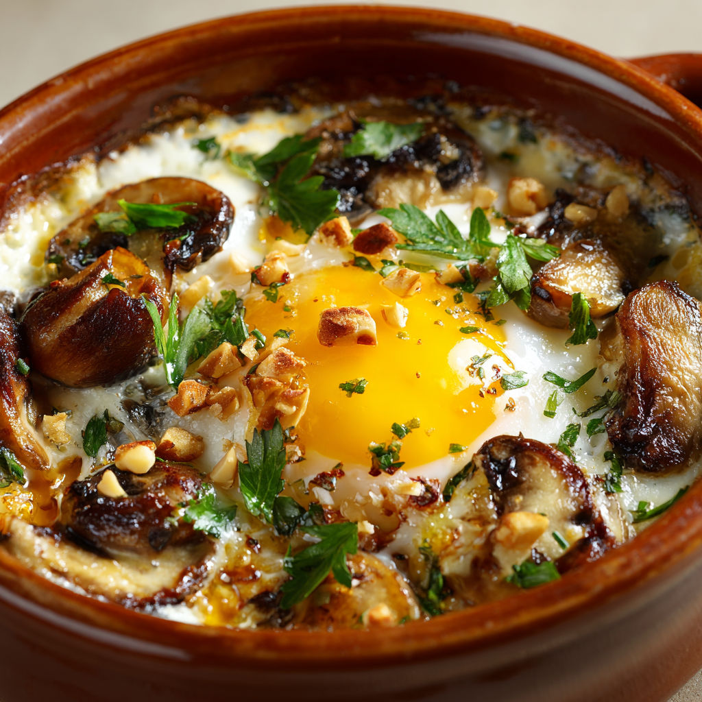 Une petite casserole avec des œufs cocotte, champignons, truffe et un bon morceau de brie.