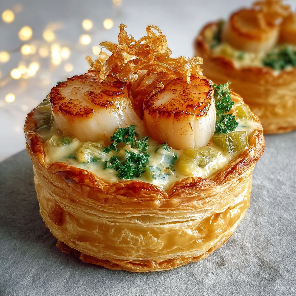 On voit un vol-au-vent de Saint-Jacques sur la table, entouré de quelques poireaux et nappé de sauce citronnée.