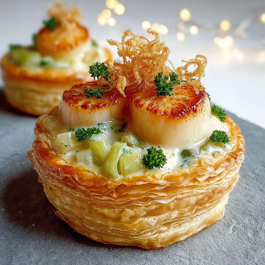 Un vol-au-vent Saint-Jacques posé sur l’assiette, entouré de poireaux tendres et d’une sauce au citron.
