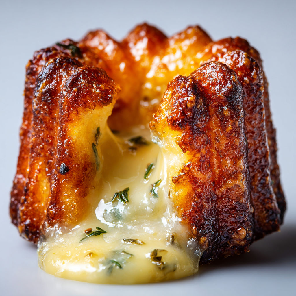 Cannelés ultra fromagers, croûte croustillante au parmesan, cœur coulant comté.