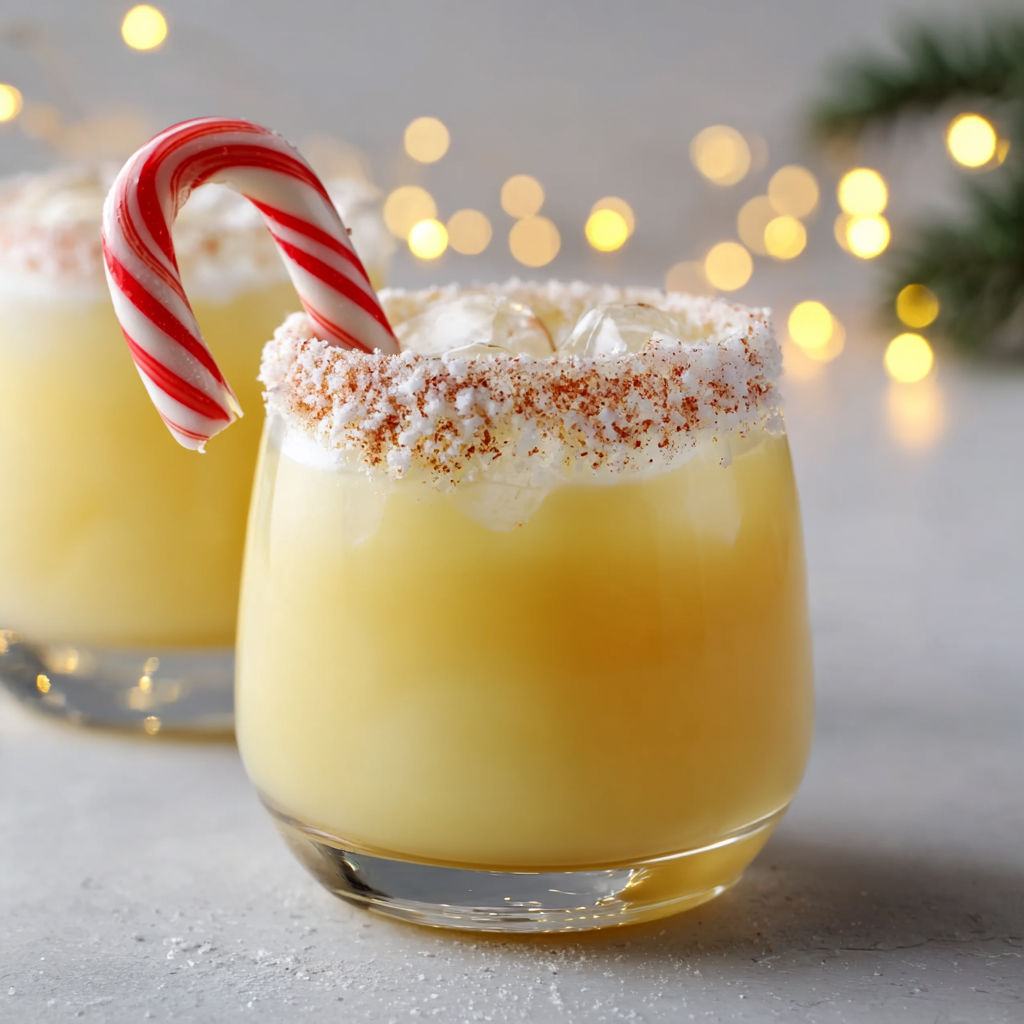 Deux verres de punch de Noël maison, ornés de bâtons de cannelle et de petits décors sucrés.