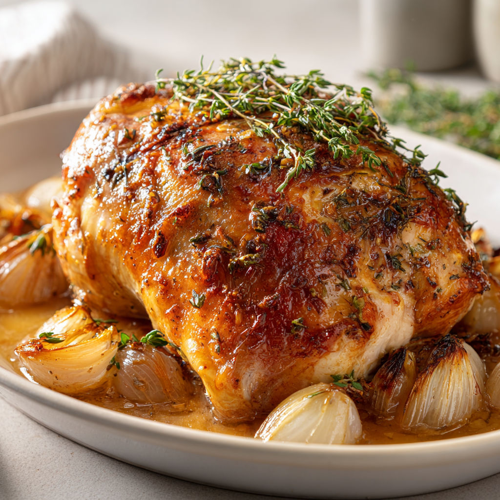 Un rôti de dinde tout doré et parfumé d’herbes, nappé de sauce, présenté sur un plat.