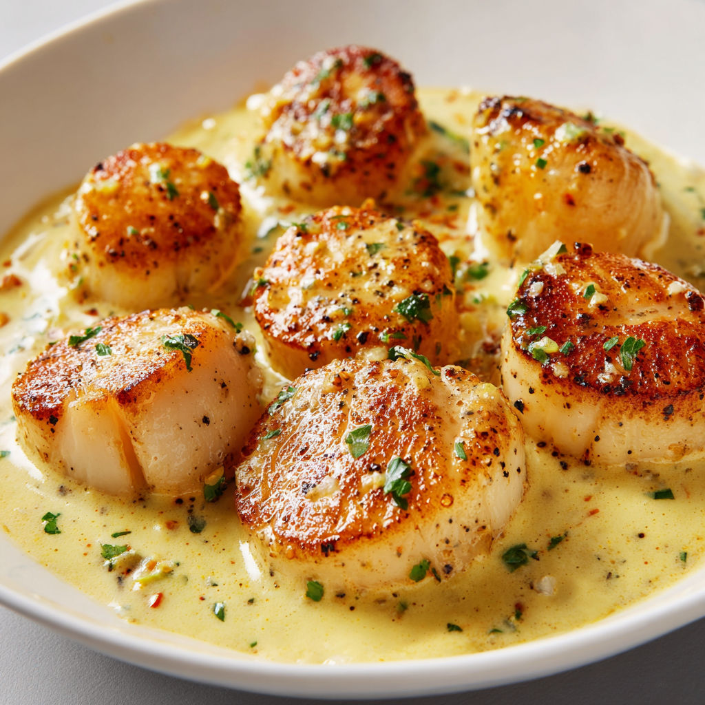 Saint-Jacques dorées, sauce crème curry parfumée.