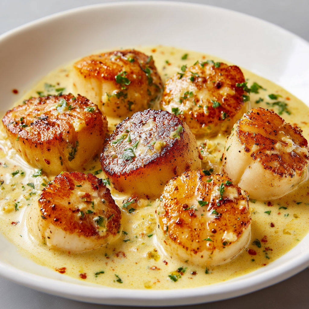 Saint-Jacques moelleuses, sauce crémeuse au curry doux.