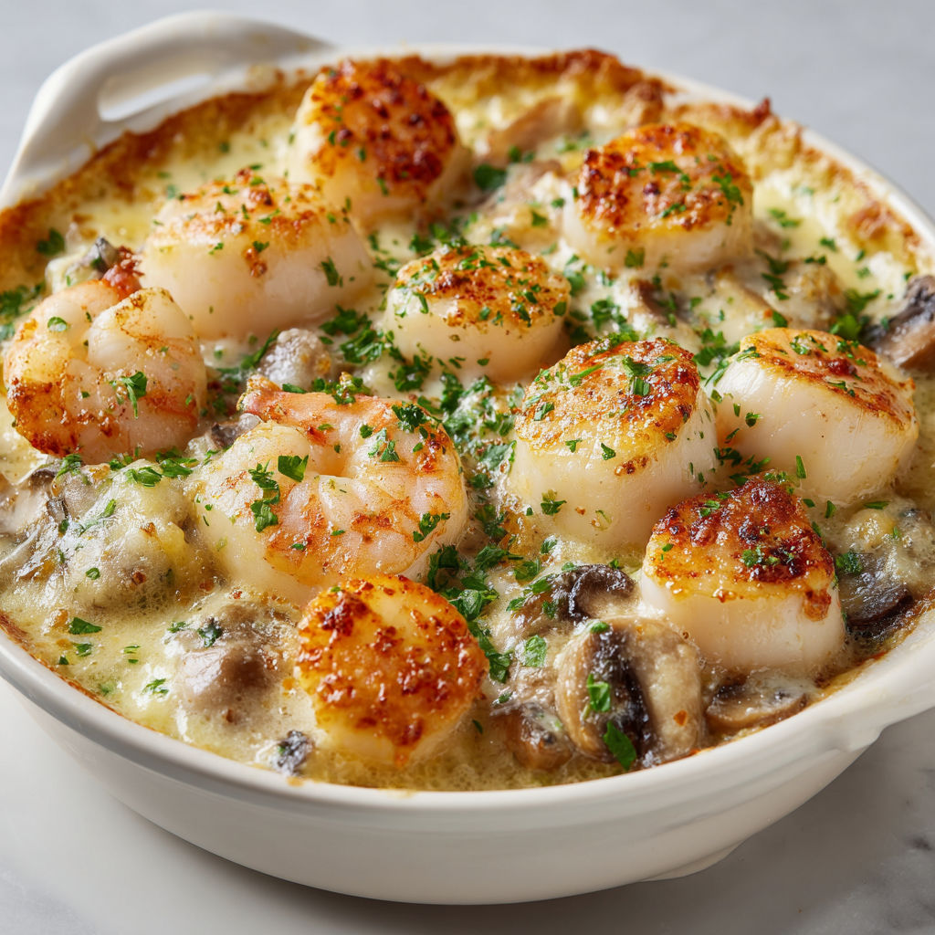 Cassolettes de Saint-Jacques préparées avec fruits de mer et champignons, servies dans une jolie porcelaine.