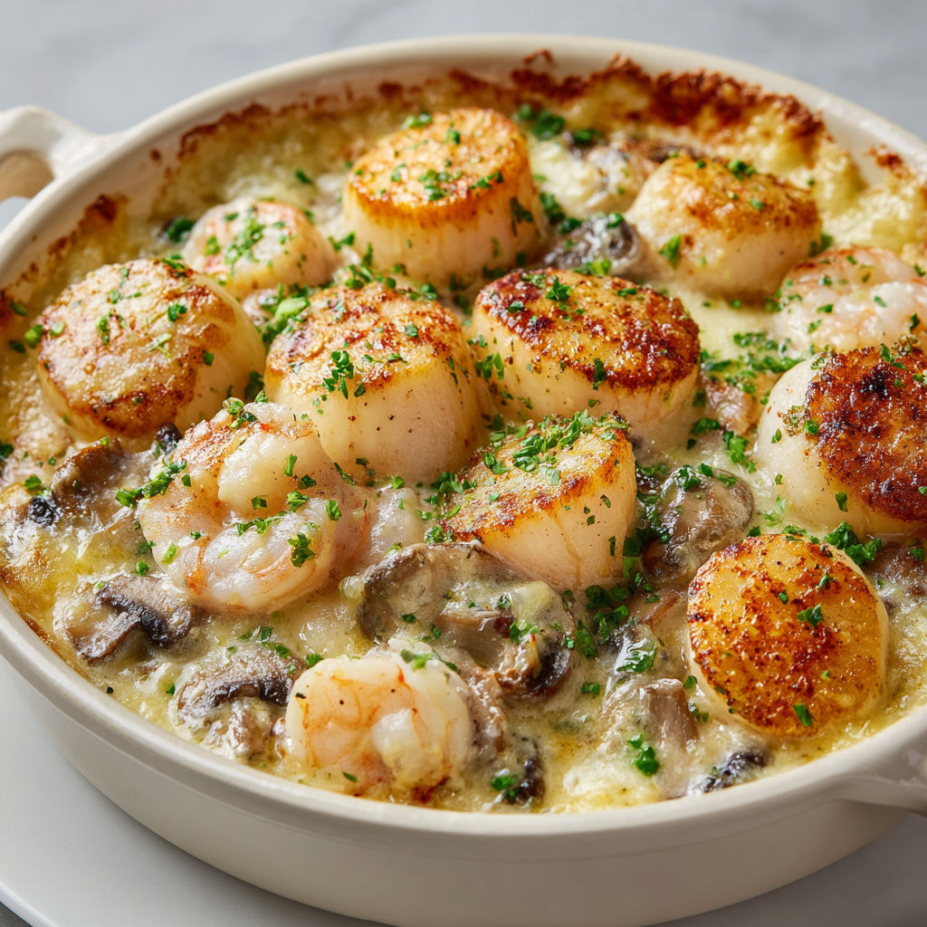 Cassolettes de Saint-Jacques préparées avec légumes et fruits de mer, servies dans un élégant plat en porcelaine.