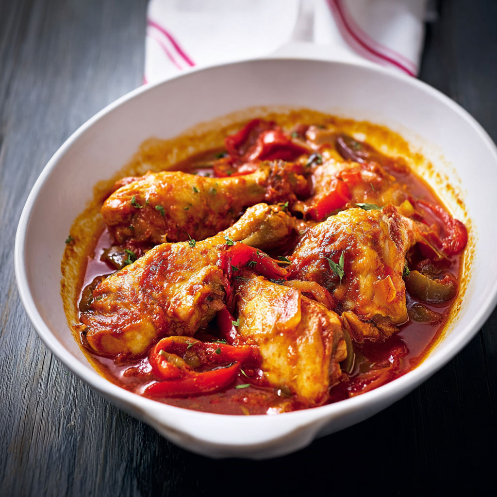 Un bon poulet basquaise plein de tomates, poivrons et oignons sur une table conviviale.