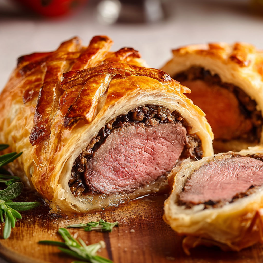 Superbe morceau de filet de bœuf Wellington, servi avec herbes fraîches et légumes, le tout sur un joli plateau.