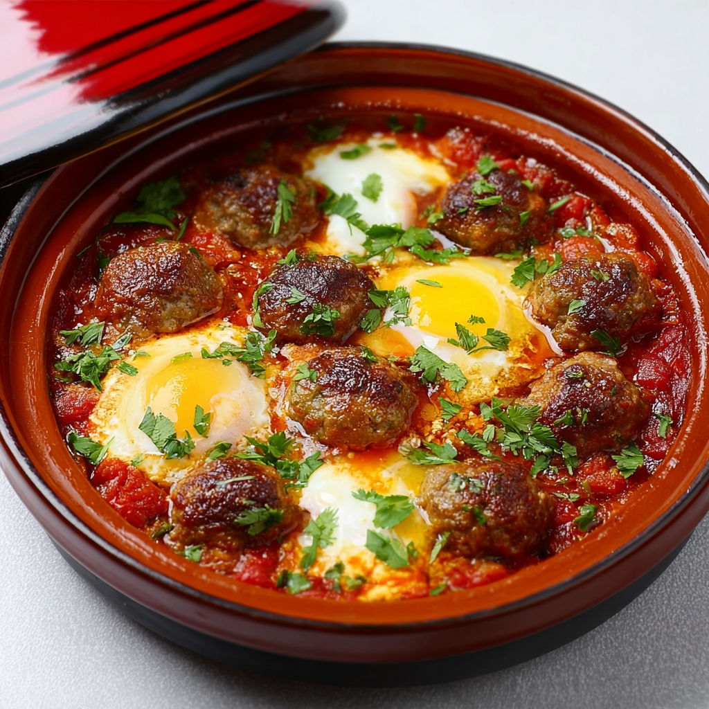 Délicieux tajine marocain avec keftas et œufs servi dans un bol marocain coloré.