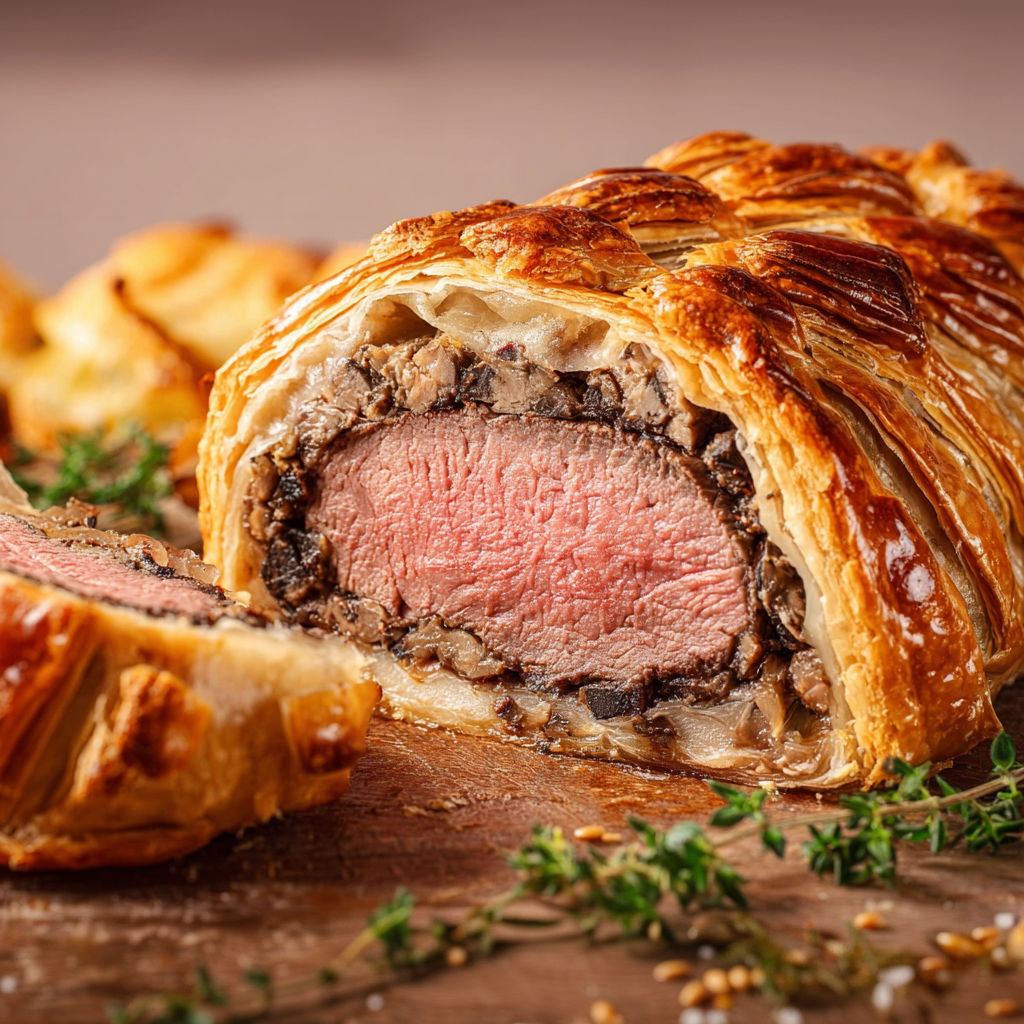 Filet de bœuf Wellington classique au cœur moelleux, pâte bien croustillante et farce de fête.